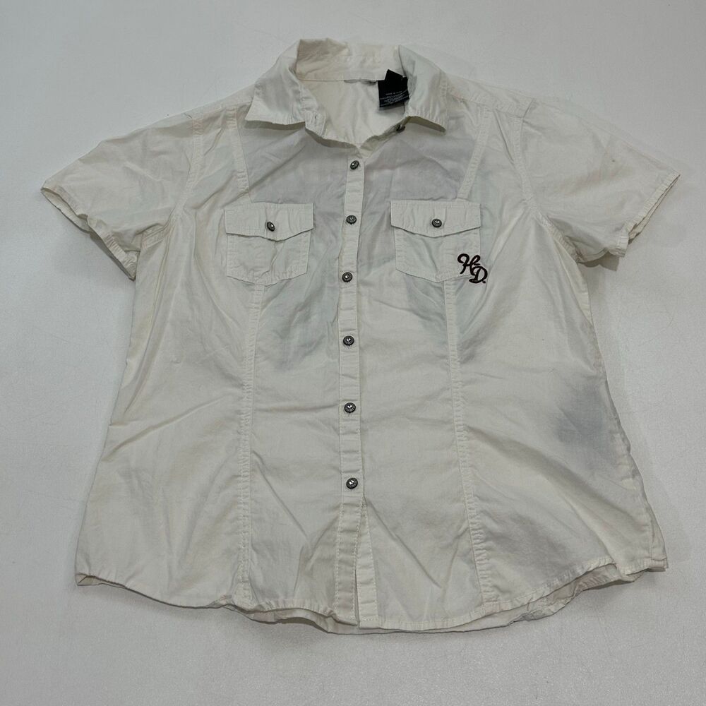 Harley Davidson Women's Short Sleeve Button-Up Shirt Off-White, Size Medium